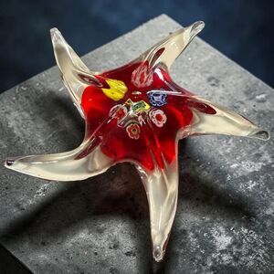 Vintage Murano Millefiori Art Glass Starfish Paperweight Hand Blown Red